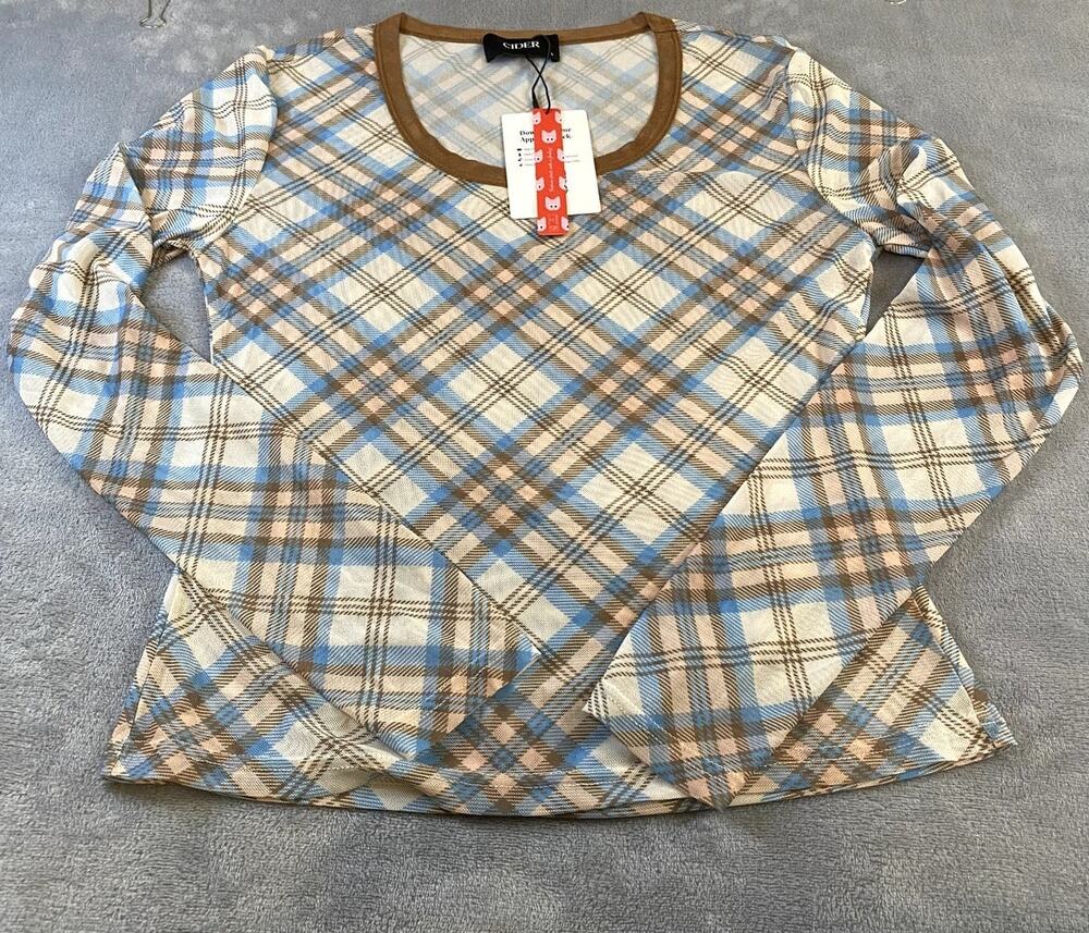 Cider Sheer Plaid Long Sleeve Top Women’s L Blue Brown Mesh Slim Y2K NWT